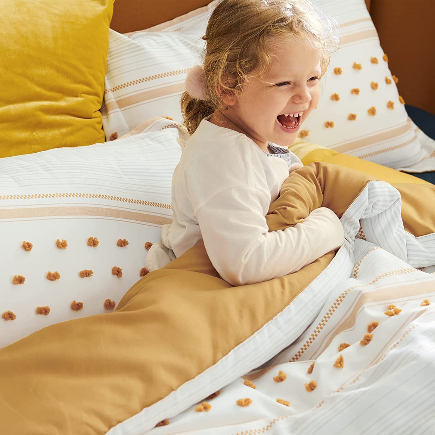 Bedsure Yellow Comforter Set King - Boho Mustard Bedding King , Reversible White Striped Tufted Farmhouse Comforter Sets (102X90 Inches, 3 Pieces)