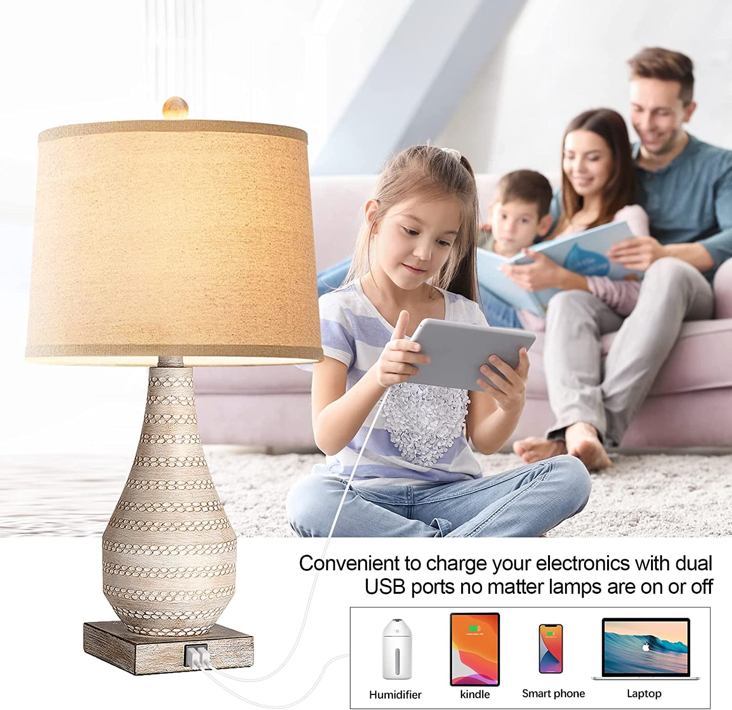 3 Way Dimmable Touch Lamps for Bedroom Set of 2, Bedside Lamp with USB Ports,Rustic Table Lamp for Living Room with Gray Body, Resin Nightstand Lamp with Linen Shade, Farmhouse Lamp for Study Room