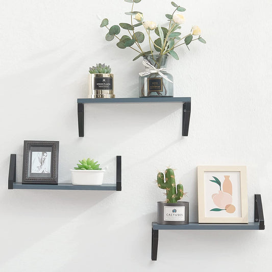 Floating Wall Shelves for Bedroom/Bathroom, Set of 3, Geometric Hanging Shelf for Living Room/Kitchen/Laundry Room, Wall Mounted Shelves, Rustic Wood Shelves for Wall Décor & Storage, Grey