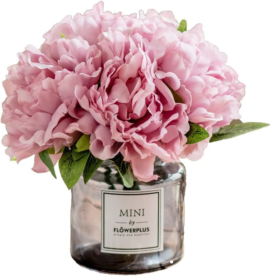,Artificial Flowers with Vase, Fake Peony Flowers in Gray Vase,Faux Flower Arrangements for Home Decor,Light Lilac ,Small