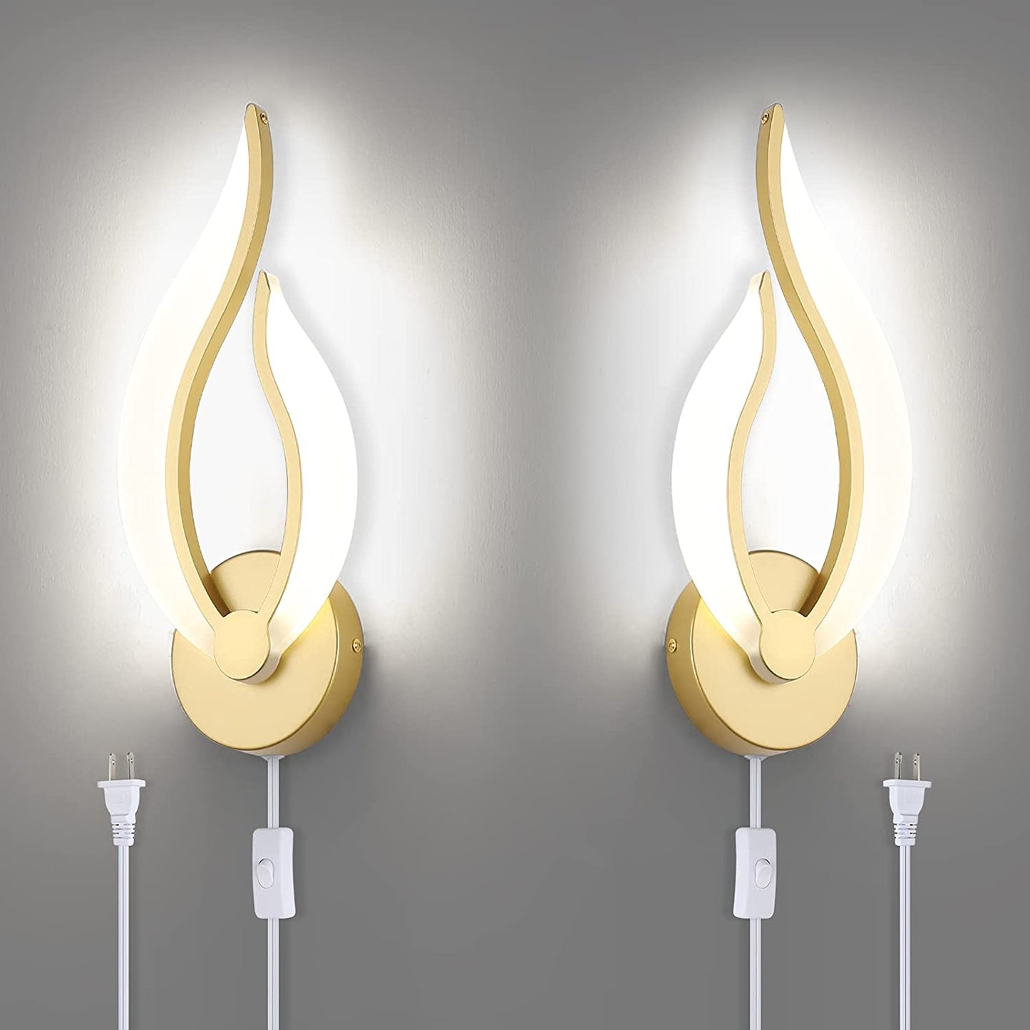 LED Wall Lights for Bedroom Gold Modern Wall Lamps Set of 2 Plug in Wall Light Fixtures 5500K 10Watt Each