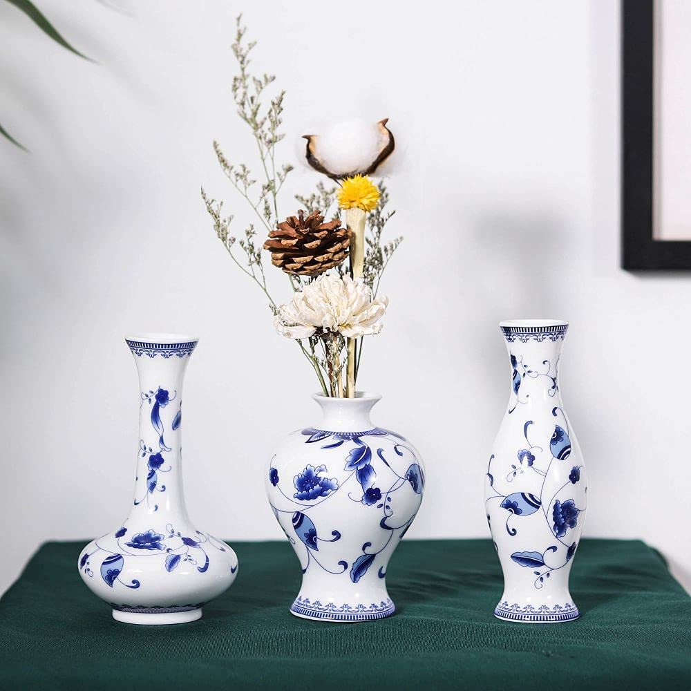 Blue and White Small Bud Vase Set, 3 Petite Classic Oriental Bottle Vases for Window Sill, Mini Art Fambe Glaze Floral Porcelain Vase Idea Shelf Décor and Coffee Table Décor