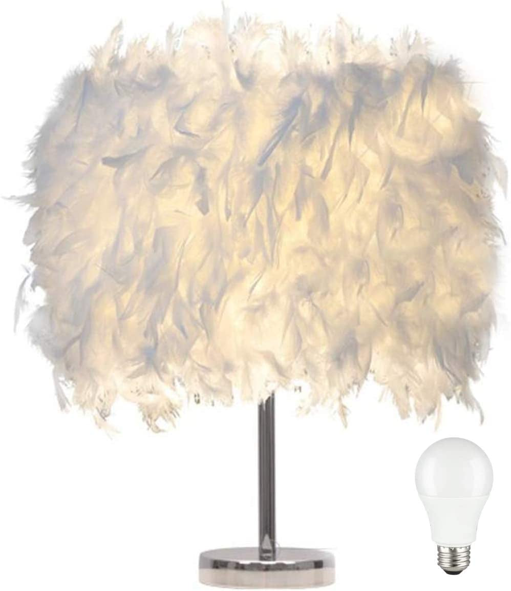 Feather Lamp,White beside Table Lamp for Bedroom,Children,Wedding,Birthday,Vintage Deco Desk Light Free Light Buld Include(A)