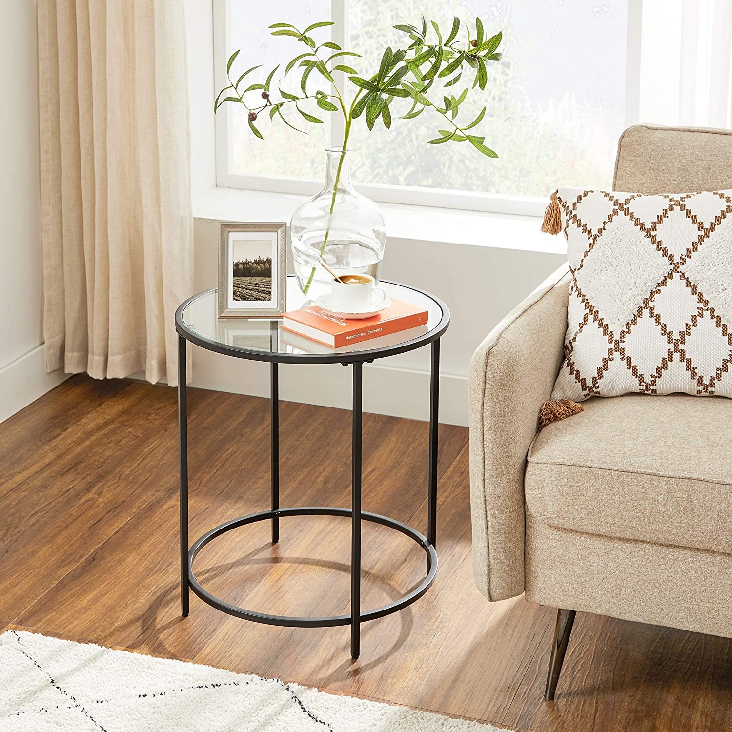 round Side Table, Glass End Table with Metal Frame, Small Coffee Accent Table, Bedside Table, Modern Style, for Living Room, Balcony, Bedroom, Black ULGT020B01