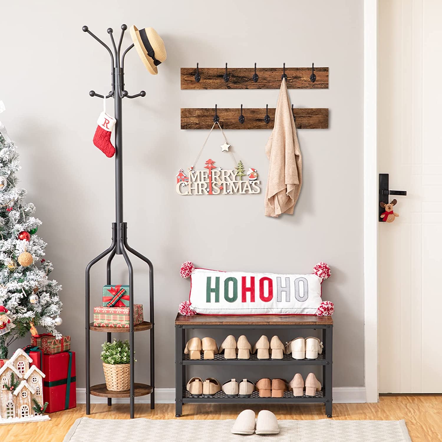 Coat Rack Shoe Bench, Hall Tree Entryway Storage Bench, Shoe Rack Organizer with Coat Hooks, 3-In-1 Design, Wood Furniture with Metal Frame, Rustic Brown and Black BF17MT01