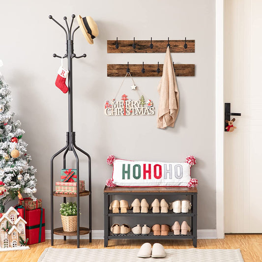 Coat Rack Shoe Bench, Hall Tree Entryway Storage Bench, Shoe Rack Organizer with Coat Hooks, 3-In-1 Design, Wood Furniture with Metal Frame, Rustic Brown and Black BF17MT01
