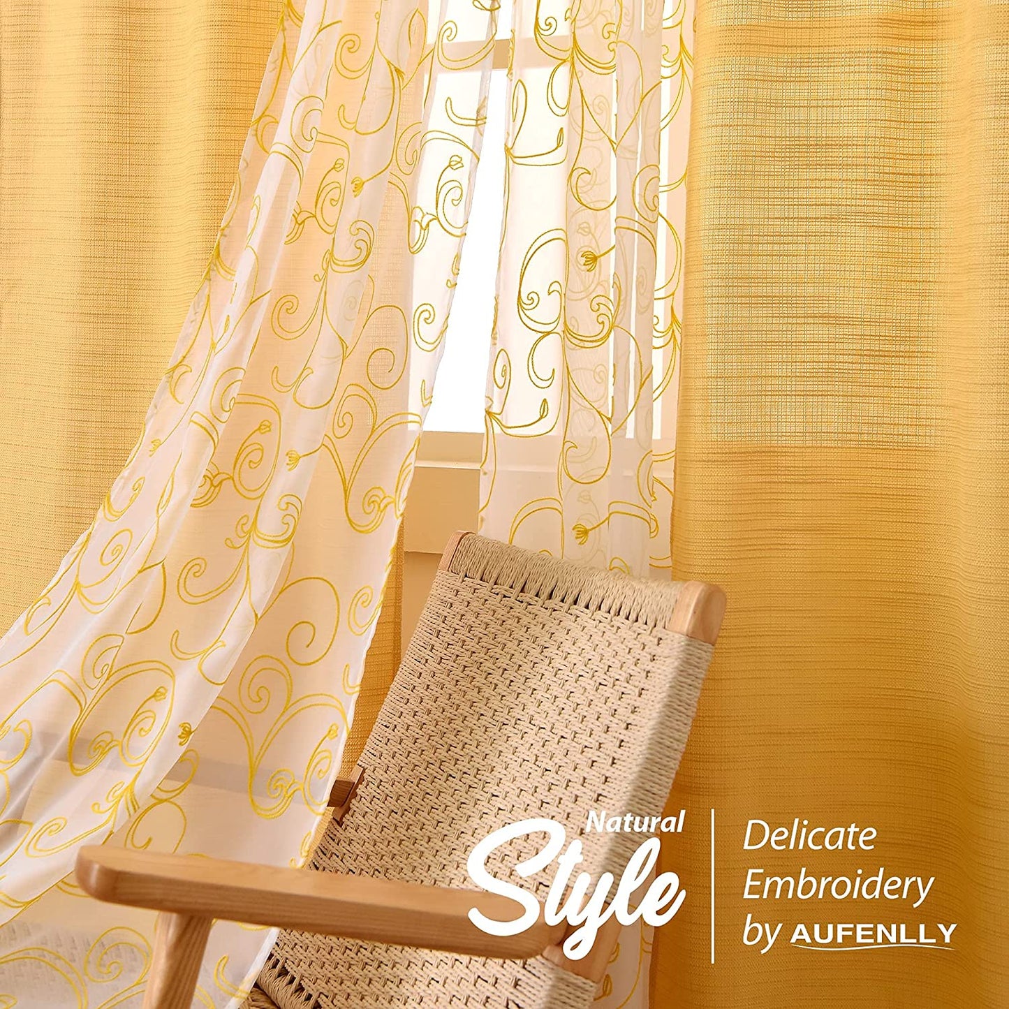 2 Embroidery Floral Semi Sheer Curtains and 2 Burlap Privacy Curtains for Windows 4 Panel Curtains Set Yellow Curtains for Living Room Curtains 84 Inches Long (Cornsilk, W27.5Xl84 Inch Each)