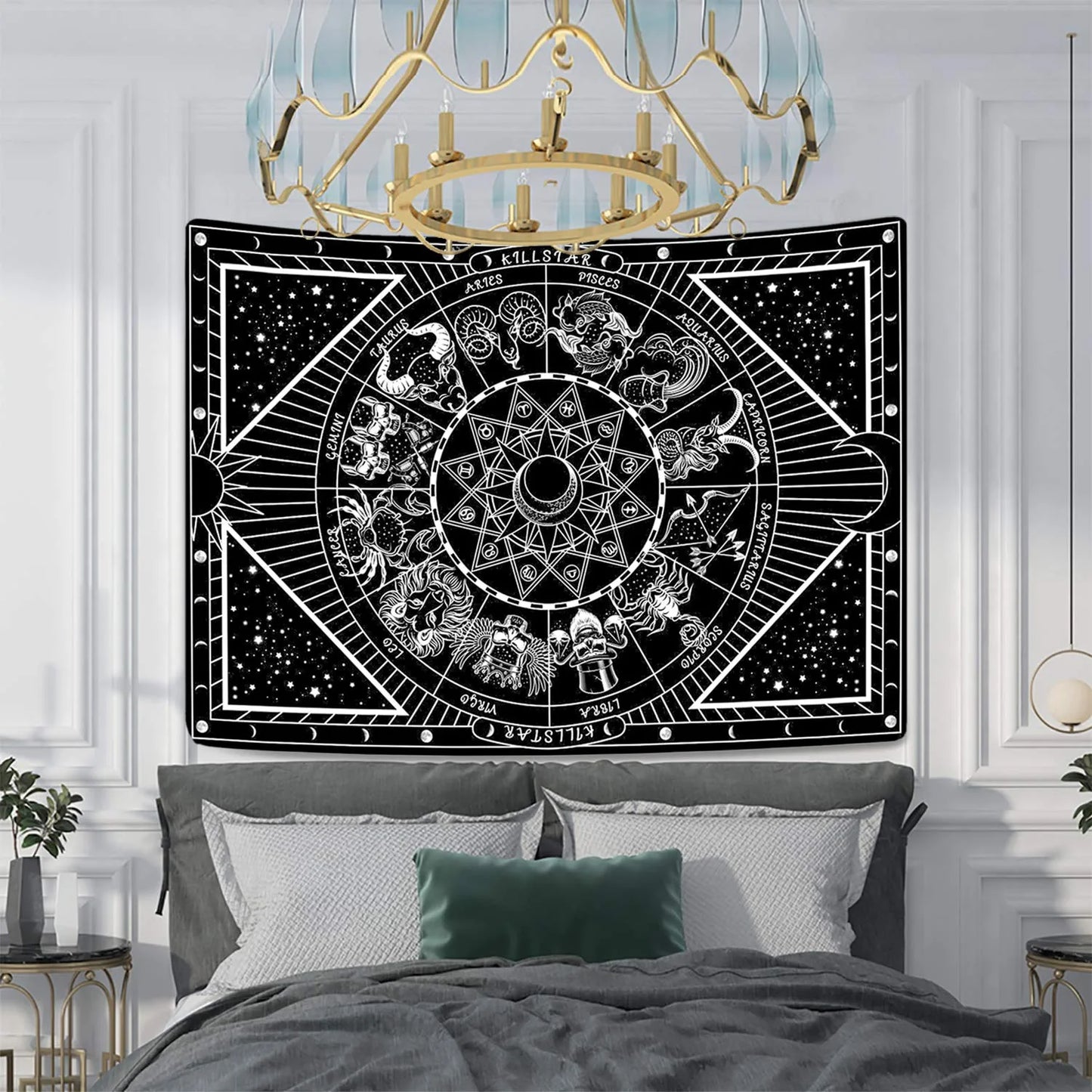 12 Constellation Tapestry Moon Star Sun Celestial Tapestry Black and White Tarot Tapestries Hippie Boho Tapestry for Room(59.1 X 59.1 Inches)