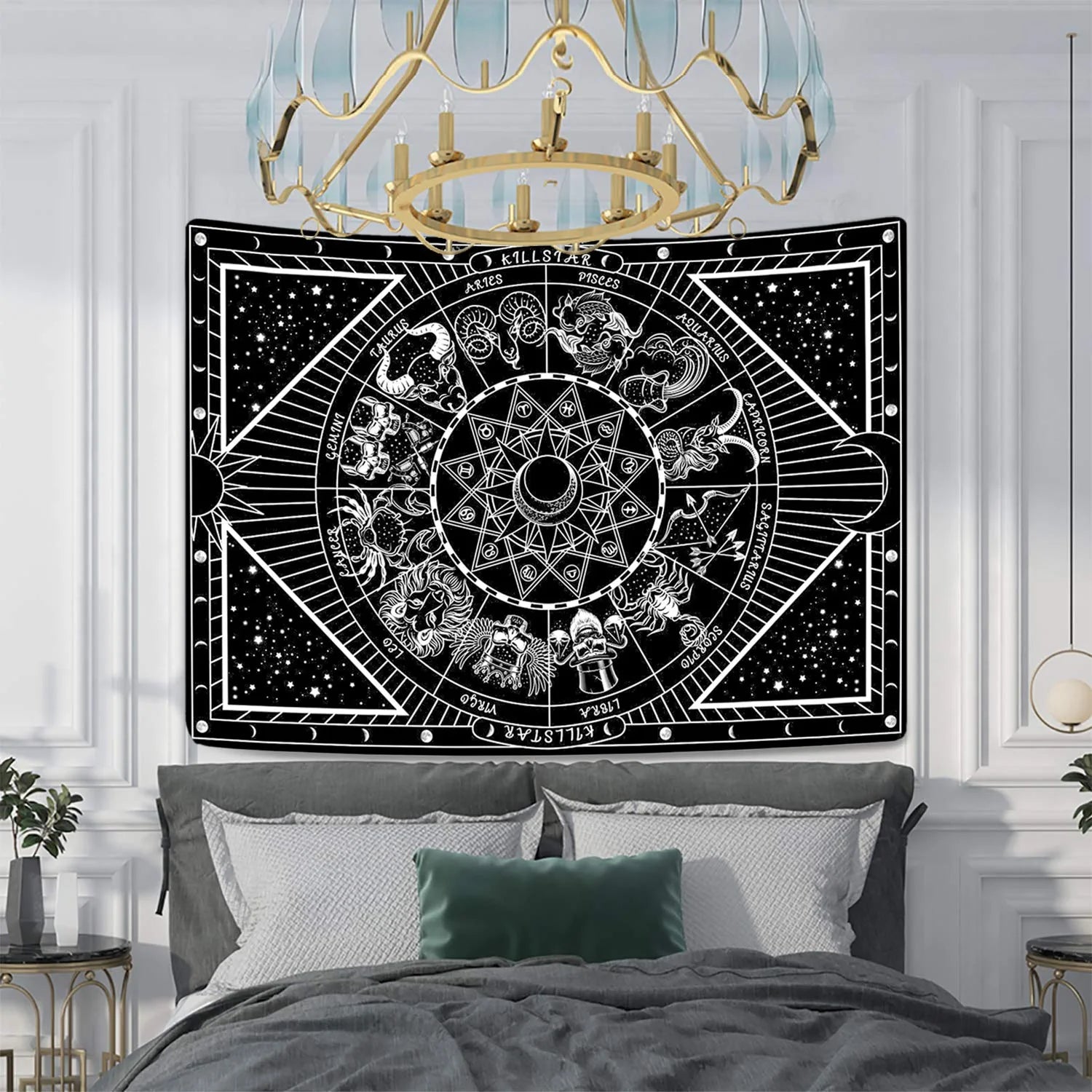12 Constellation Tapestry Moon Star Sun Celestial Tapestry Black and White Tarot Tapestries Hippie Boho Tapestry for Room(59.1 X 59.1 Inches)