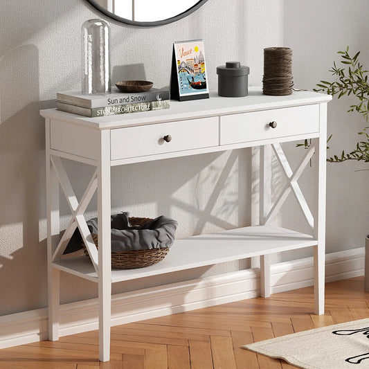 Oxford Console Table with 2 Drawers, Sofa Table Narrow for Entryway, White