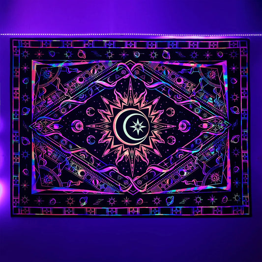 Tapestry for Bedroom Aesthetic Room Decor Wall Tapestry Blacklight Tapestry UV Reactive Black Light Posters Colorful Backdrop Glow in the Dark Hippie Boho Tapestries for Bedroom Burning Sun Trippy Tapestry