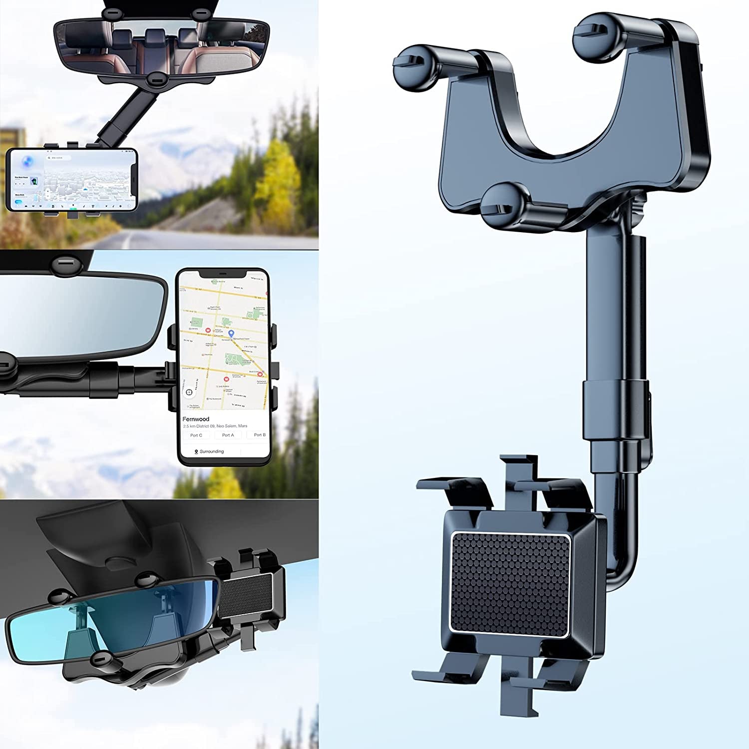 Phone Mount for Car, 360°Rotatable and Retractable Car Phone Holder Mount Multifunctional Rearview Mirror Phone Holder Car Adjustable Cell Phone Holder for Iphone 13 12 11 Pro Max XR All Smartphones