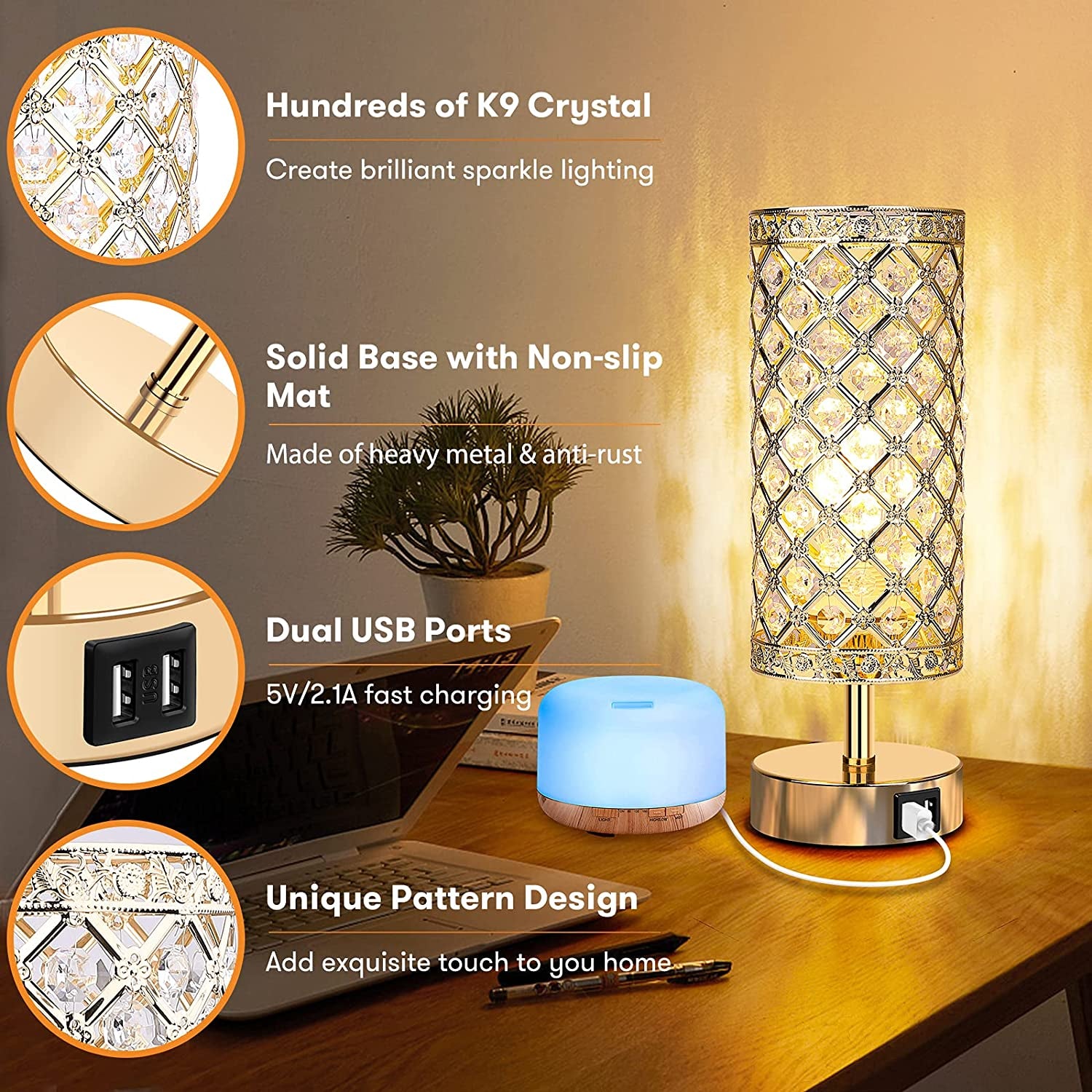 Set of 2 Touch Control Crystal Table Lamps with 2 USB Ports, 3-Way Dimmable Bedside Nightstand Gold Lamps with Decorative Crystal, Small Table Lamps for Bedrooms Living Room, Led Bulbs Included