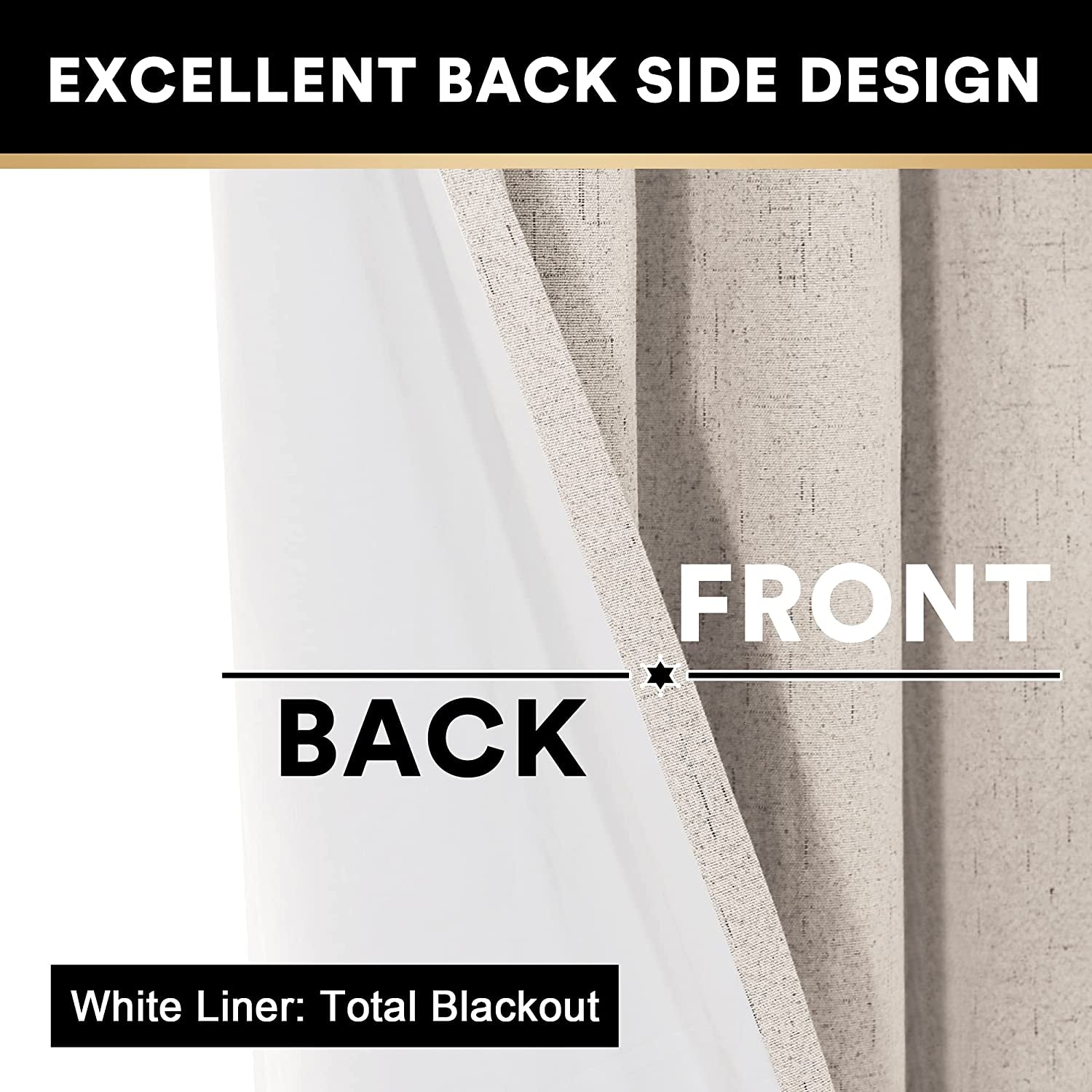 Primitive Textured Linen 100% Blackout Curtains for Bedroom/Living Room Energy Saving Window Treatment Curtain Drapes, Burlap Fabric with White Thermal Insulated Liner (2 Panels, 52 X 84 In, Natural)