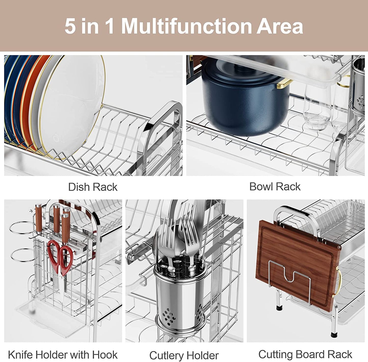 Dish Drying Rack, 304 Stainless Steel 2-Tier Dish Rack with Utensil Holder, Cutting Board Holder and Dish Drainer for Kitchen Counter