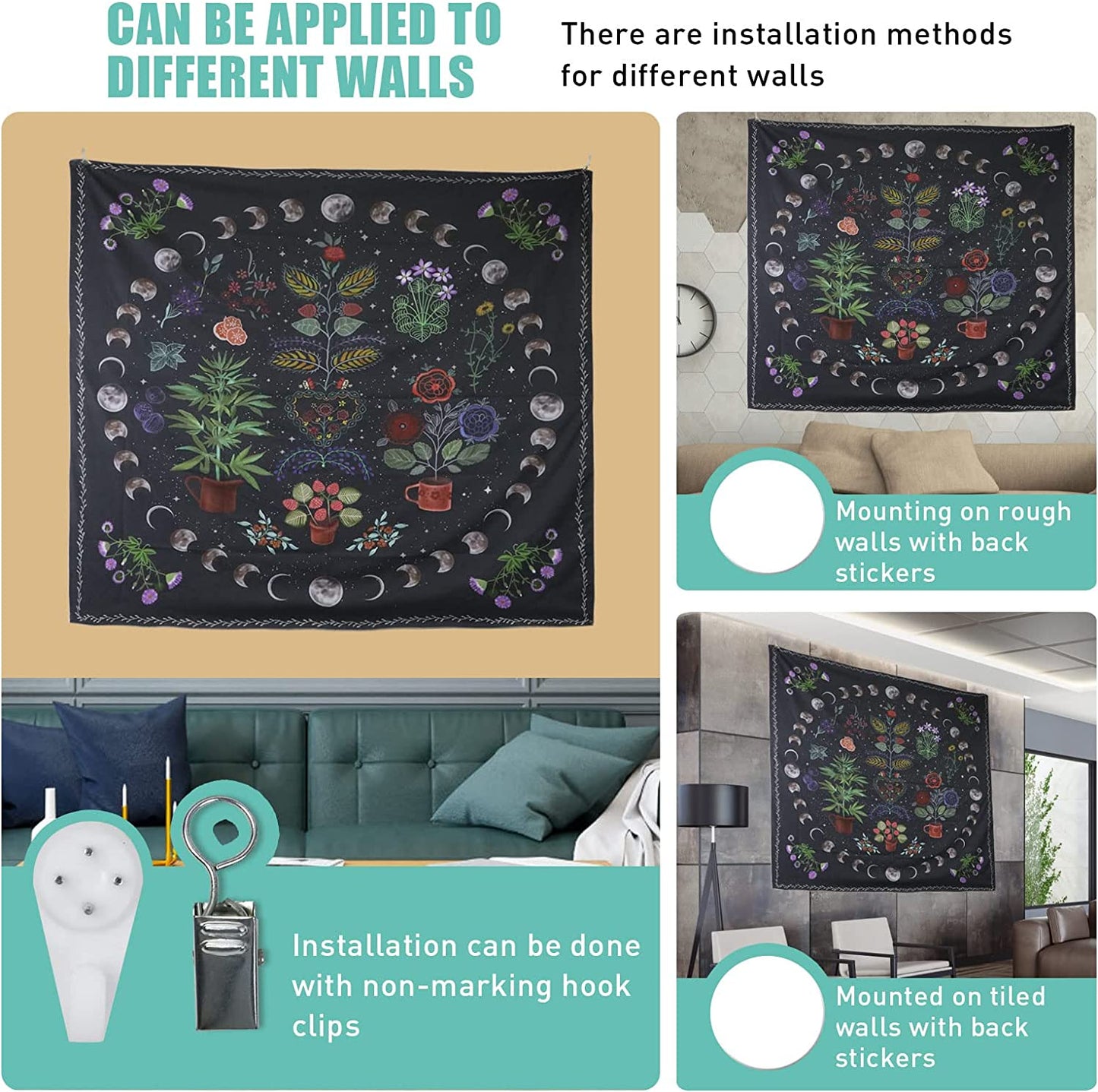 Plant Tapestry, Nature Moon Phase Tapestry Wall Hanging, Bohemian Mandala Tapestry Aesthetic Bedroom Decor, Botanical Tapestries Suitable for Bedroom Home Dorm---50" X 60"
