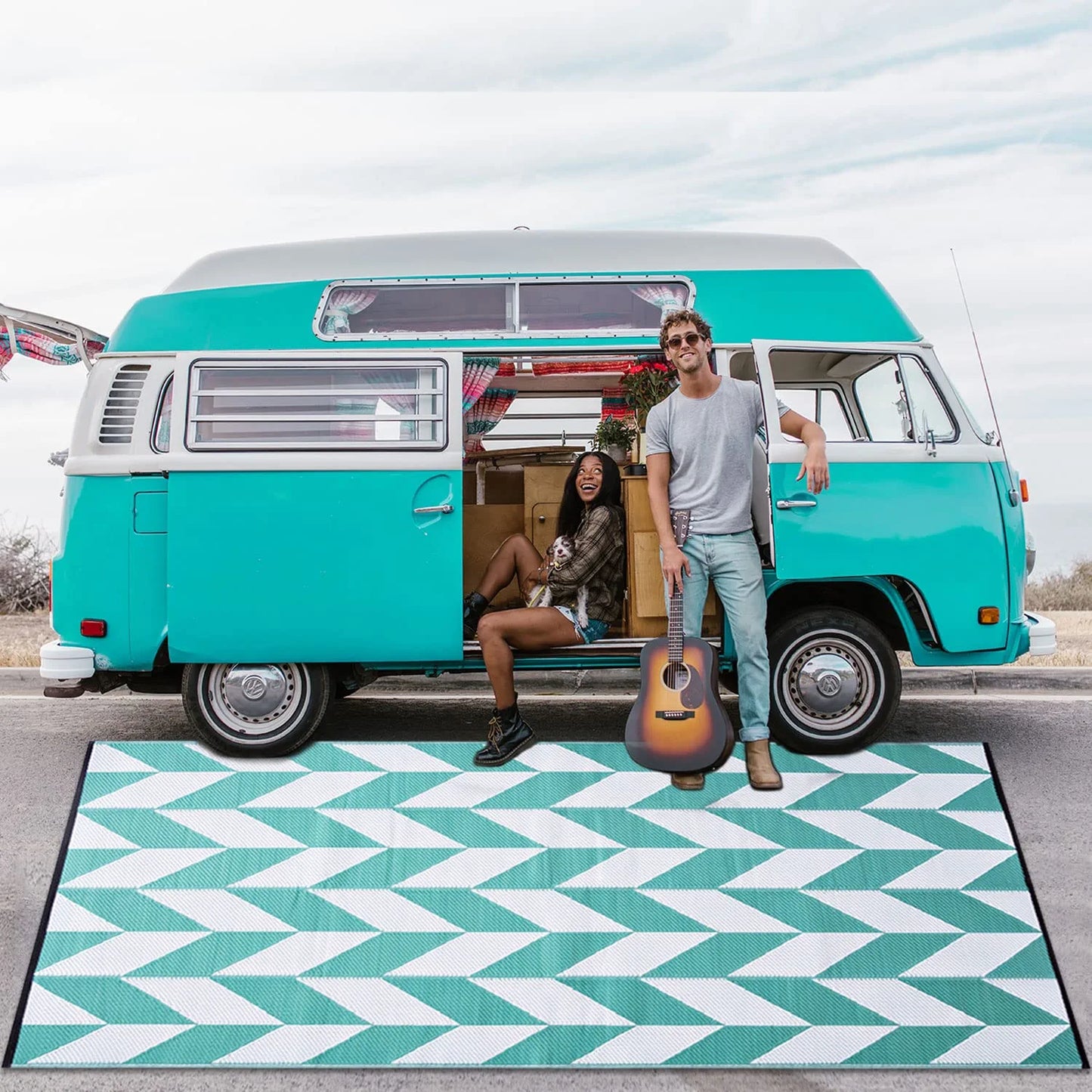 Teal Outdoor Rug Camping Rug 5X8 Reversible Plastic Straw Rug Waterproof Modern Floor Mat Area Rug for Patio,Backyard, Rv Rugs for Outside