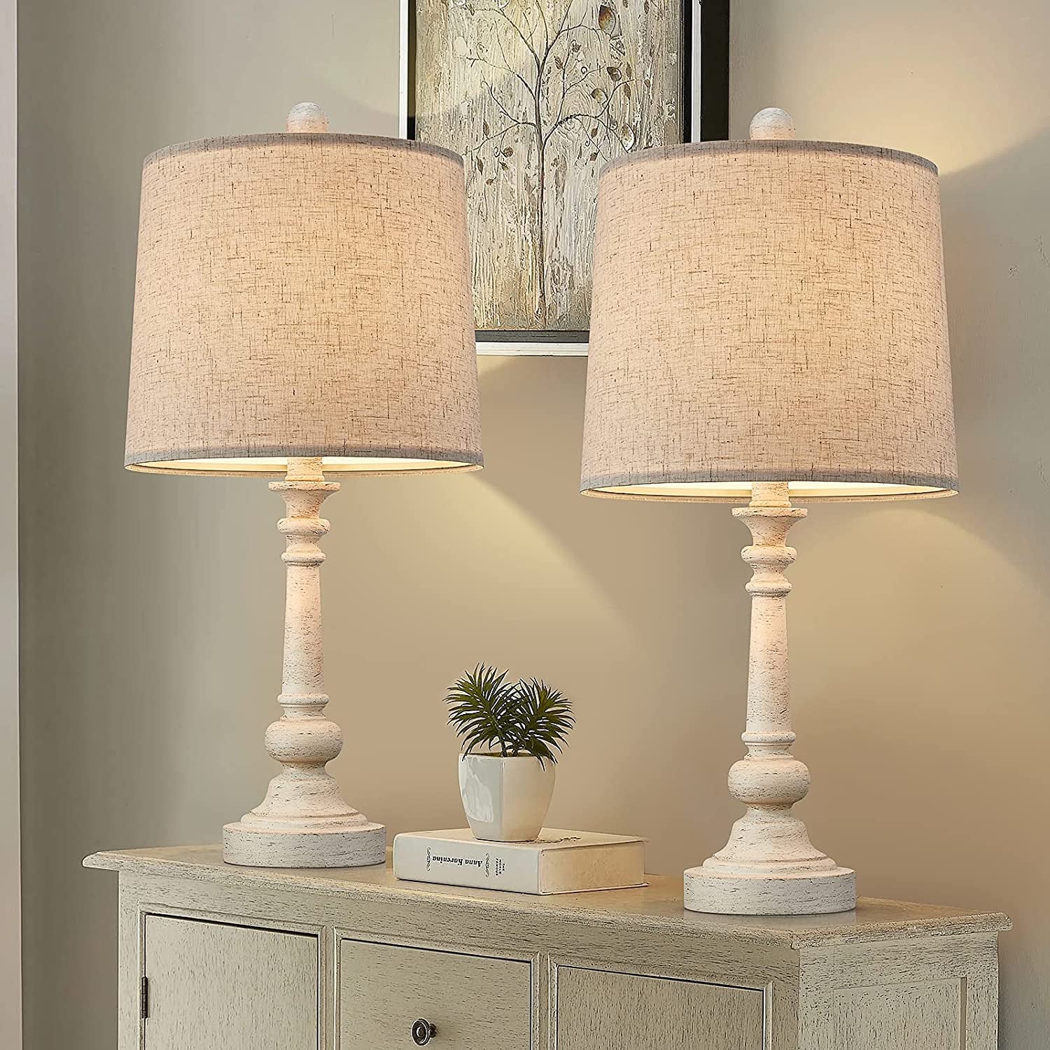 Pokat 21" Retro Style Farmhouse Table Lamp Sets of 2 for Living Room Bedroom Rustic Bedside Nightstand Lamp Linen Washed