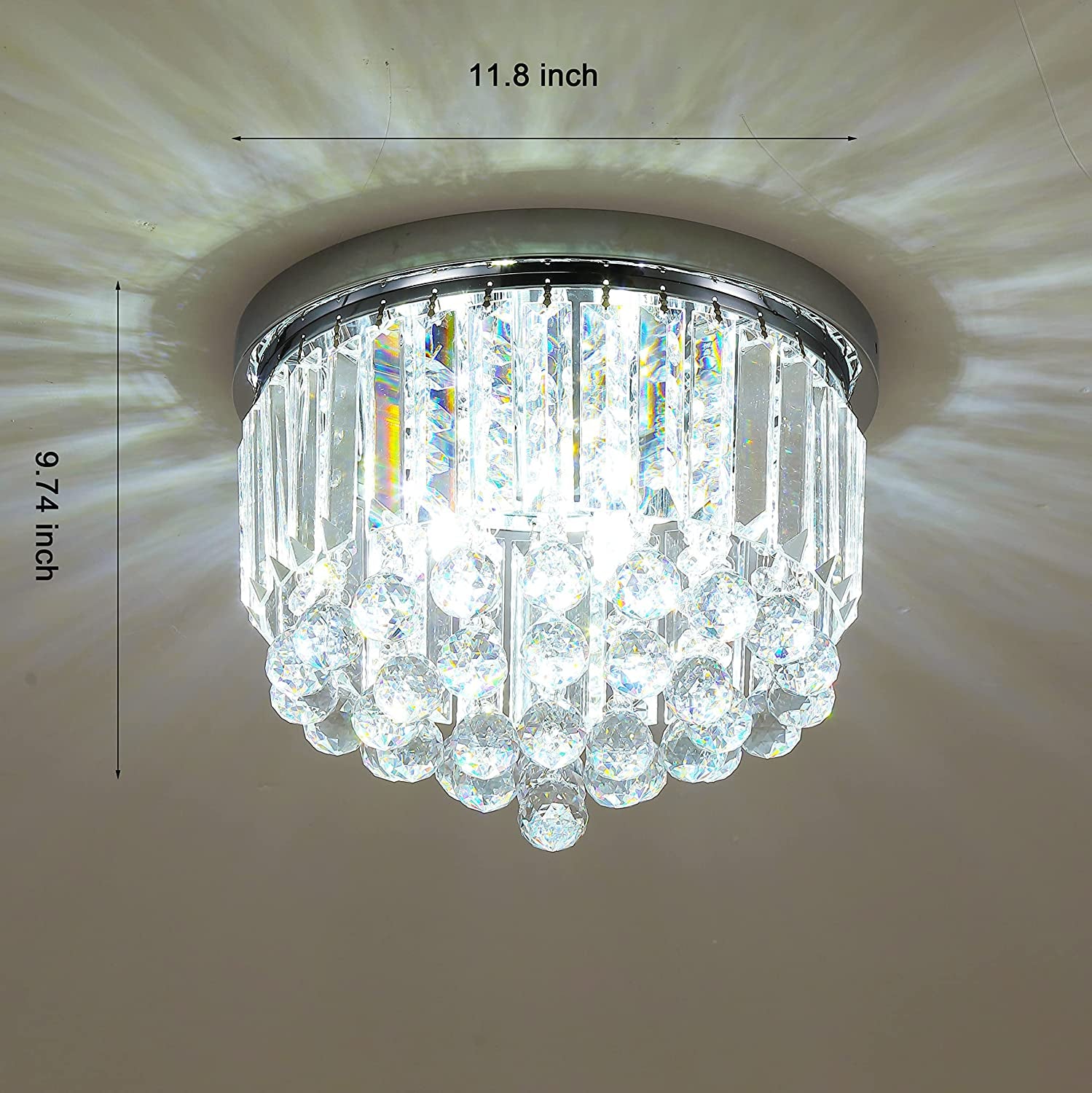 LOCLGPM 4 Light Luxury Glam Chrome Closet Mini Chandelier, Flush Mount Crystal Ceiling Light 11.8 Inch K5 Crystal Raindrop Silver Crystal Chandelier for Dining Room Bedroom Hallway Kitchen