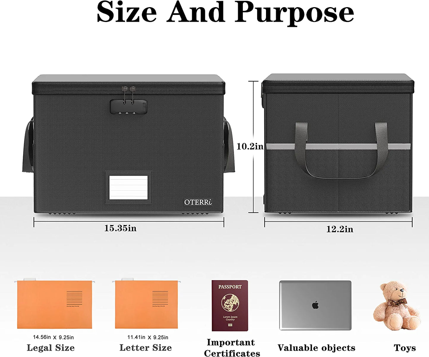 File Box with Lock, Fireproof Document Box, File Storage Organizer,Waterproof File Box Filing Box with Handle,Portable Home Office Safe Box for Hanging Letter/Legal,Black(15.35×12.2×10.2 Inch)