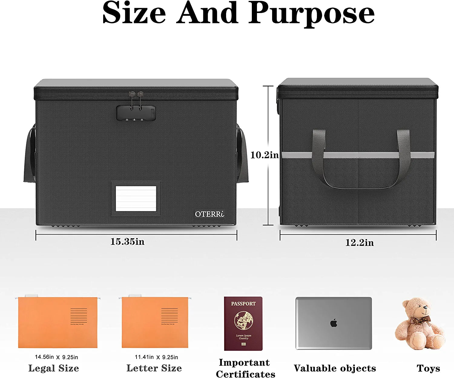 File Box with Lock, Fireproof Document Box, File Storage Organizer,Waterproof File Box Filing Box with Handle,Portable Home Office Safe Box for Hanging Letter/Legal,Black(15.35×12.2×10.2 Inch)
