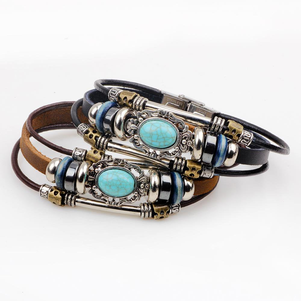 Retro Synthetic Turquoise Unisex Leather Wristband Bracelet for Men or Women