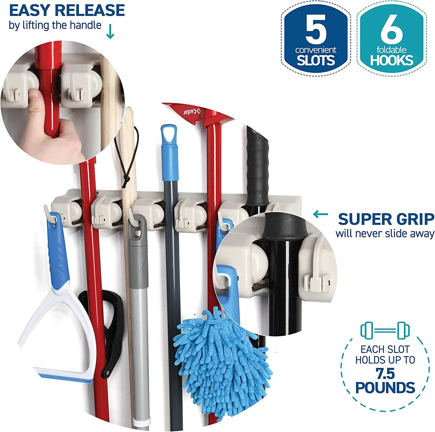 It Mop and Broom Holder, 5 Position with 6 Hooks Garage Storage Holds up to 11 Tools, Storage Solutions for Broom Holders, Garage Storage Systems Broom Organizer for Garage Shelving Ideas