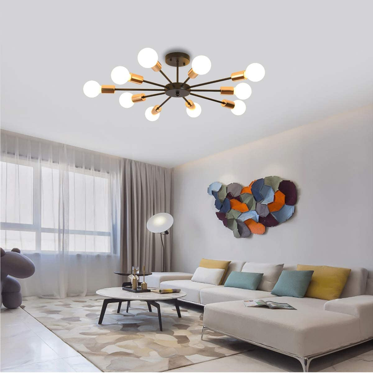 Semi Flush Mount Ceiling Light,10-Light E26 Base Modern Black Sputnik Chandelier,Industrial Ceiling Lamp Fixture for Kitchen Farmhouse Living Room Dining Room