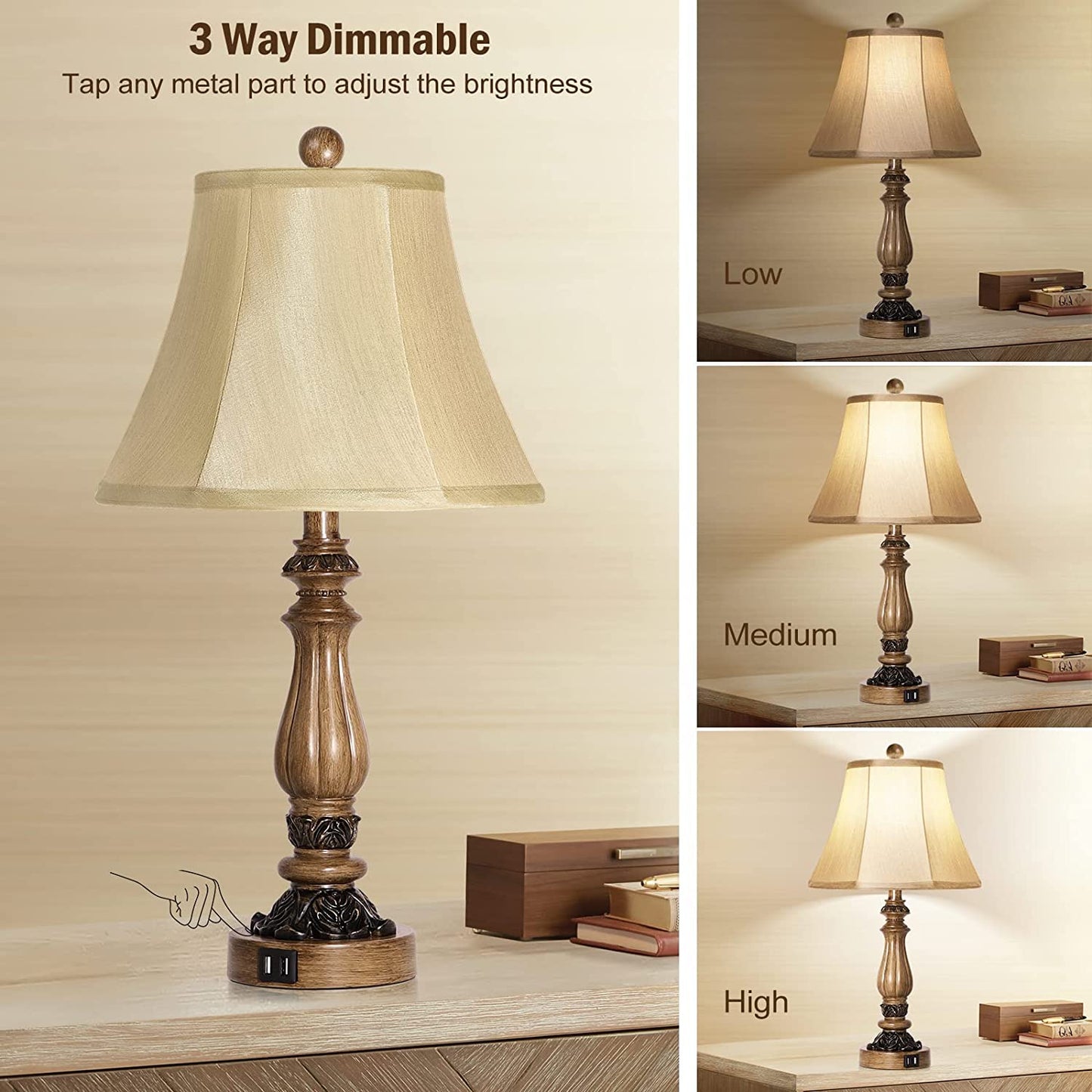 Set of 2 Farmhouse Table Lamp with USB Ports, 3-Way Dimmable Touch Control Lamps, Traditional Rustic Bedside Lamps with Outlet, Bedroom Bedside Lamps Nightstand Lamps for Living Room, Bulbs Included