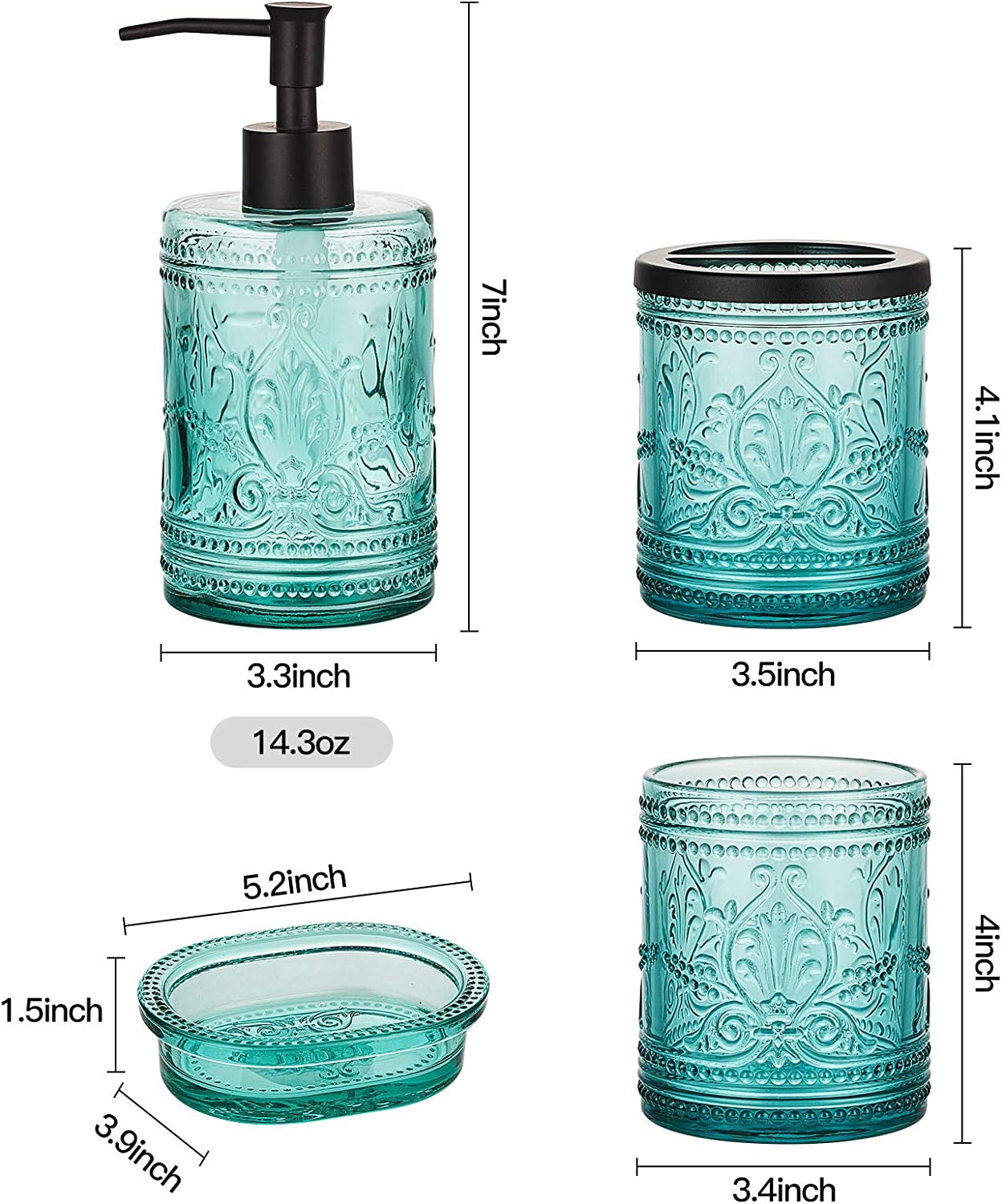 4Pcs Heavy Weight Decent Blue Glass Bathroom Accessories Set with Decorative Pressed Pattern - Includes Hand Soap Dispenser & Tumbler & Soap Dish & Toothbrush Holder (Teal Blue)
