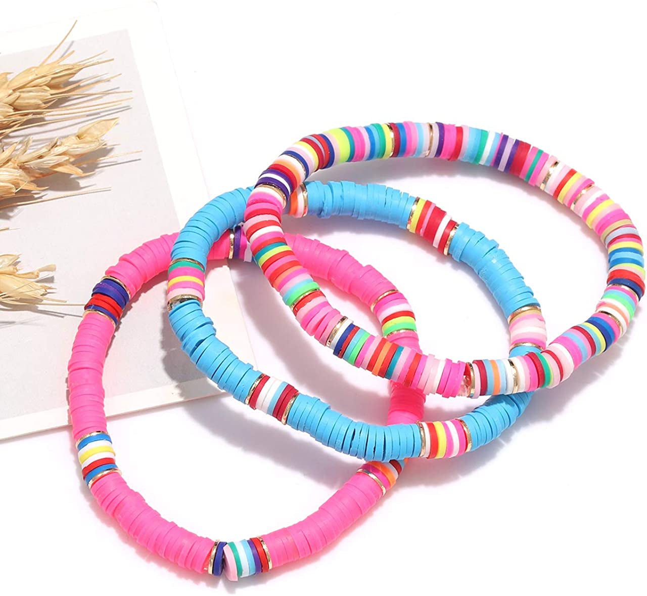 Surfer Heishi Bracelets for Women Stackable Rainbow Vinyl Disc Clay Beaded Stretch Bracelets Elastic Layering Friendship Bracelets Boho Summer Beach Jewelry