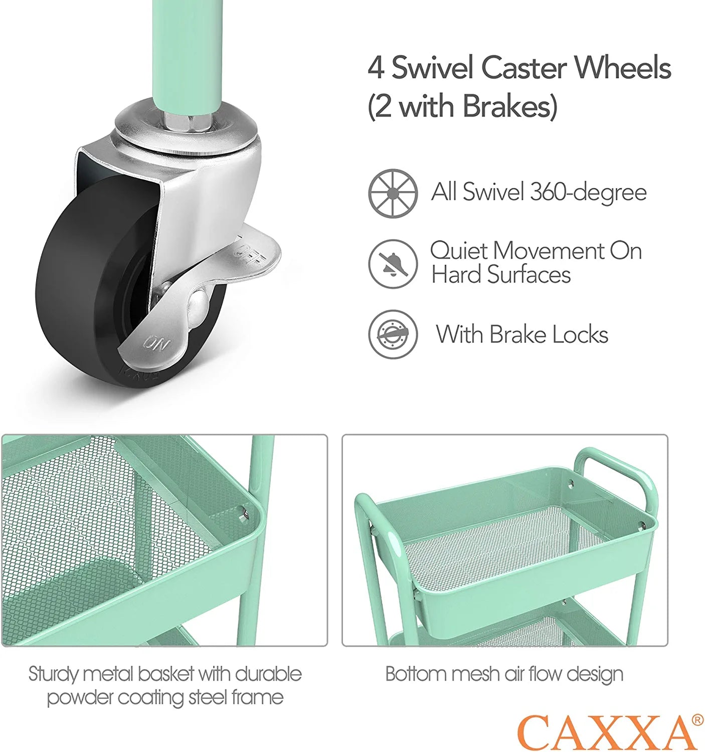 3-Tier Rolling Metal Storage Organizer - Mobile Utility Cart, Kitchen Cart with Caster Wheels (Aqua Green)