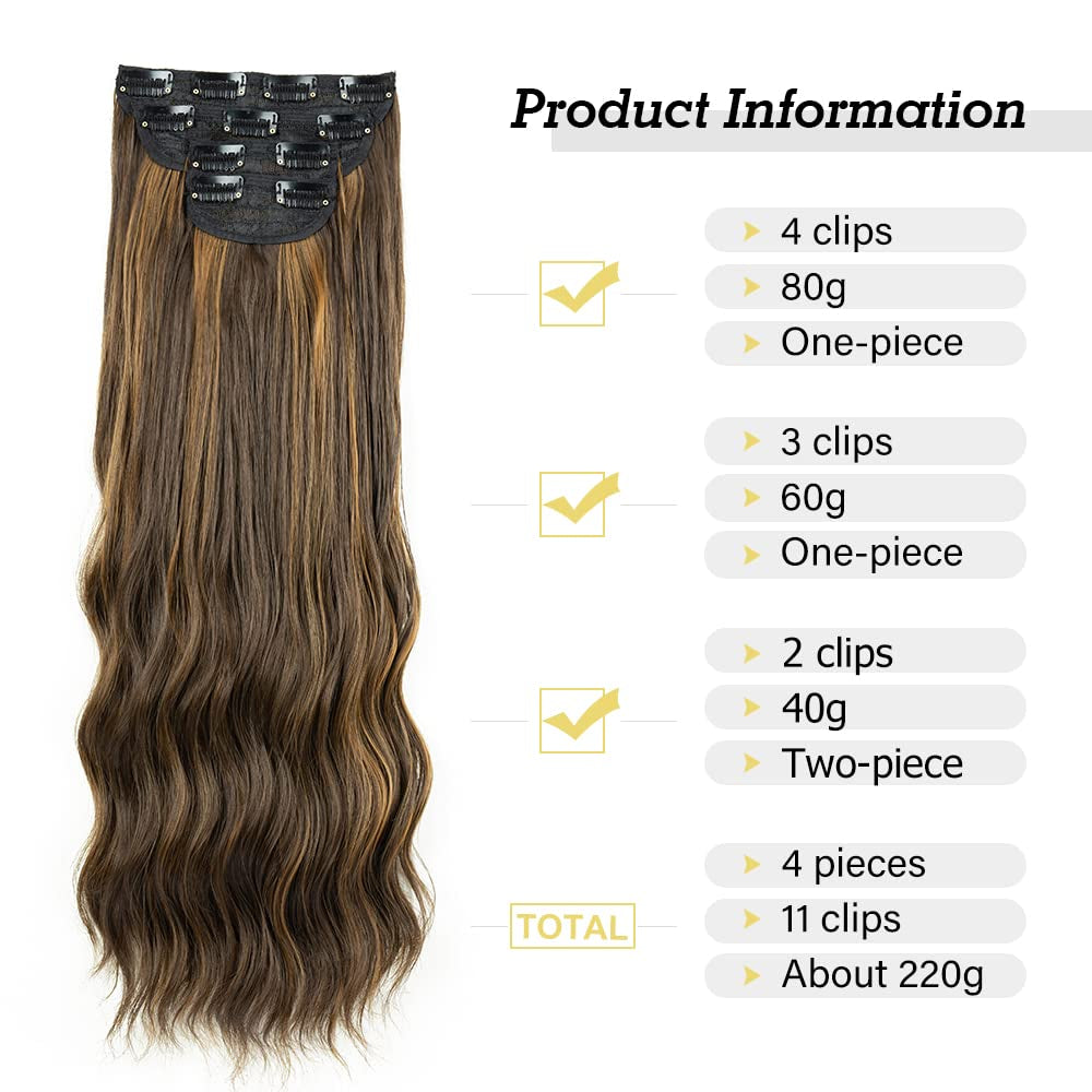 Clip in Hair Extensions 4Pcs Set Curly Wave 24 Inch Long Hair Extension Clip Ins Balayage,Wavy Hair Extensions for Women Synthetic Clip on Extension