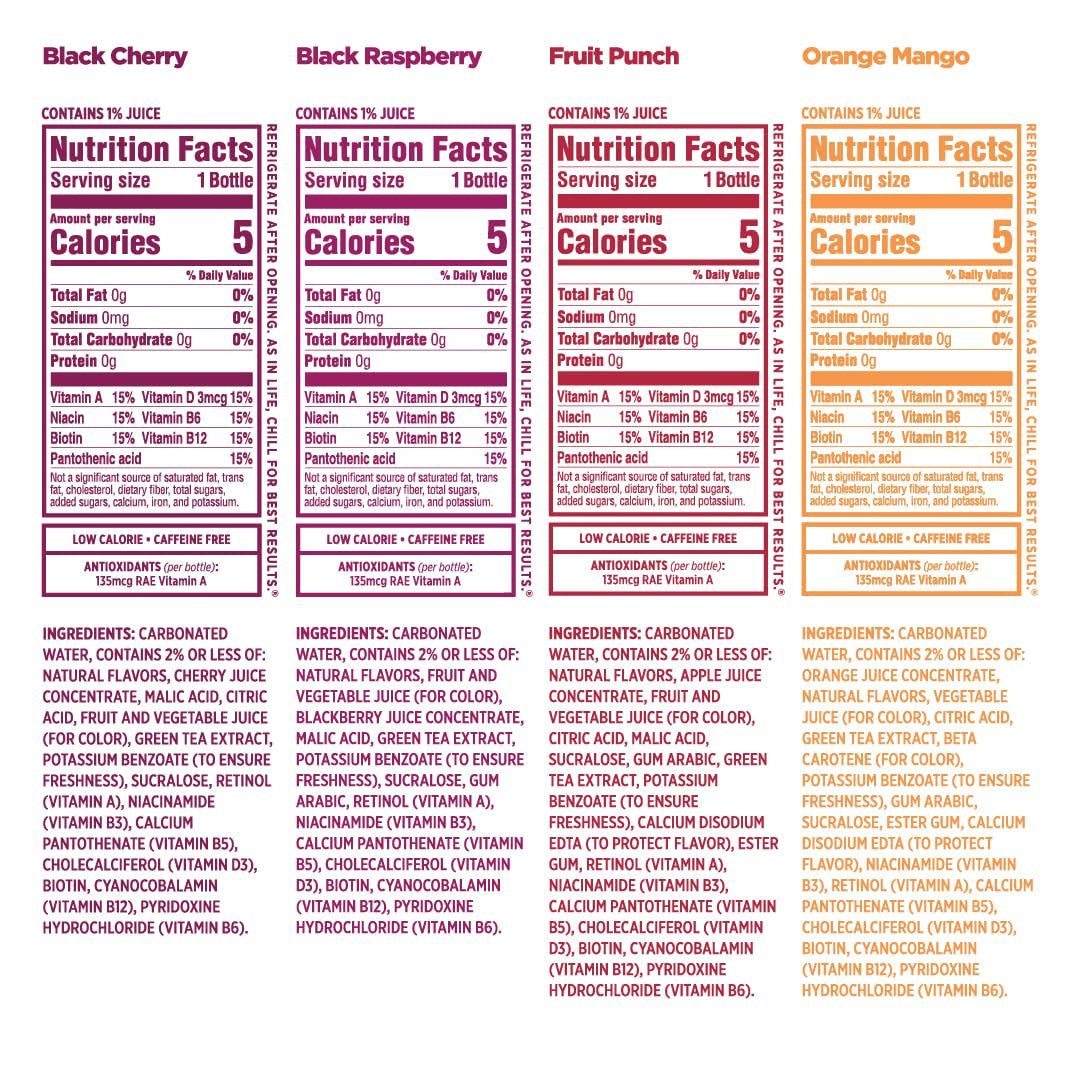Sparkling Ice Green Variety Pack, Zero Sugar Sparkling Water, with Vitamins and Antioxidants, 17 Fl Oz, 12 Count (Black Raspberry, Orange Mango, Black Cherry, Fruit Punch)