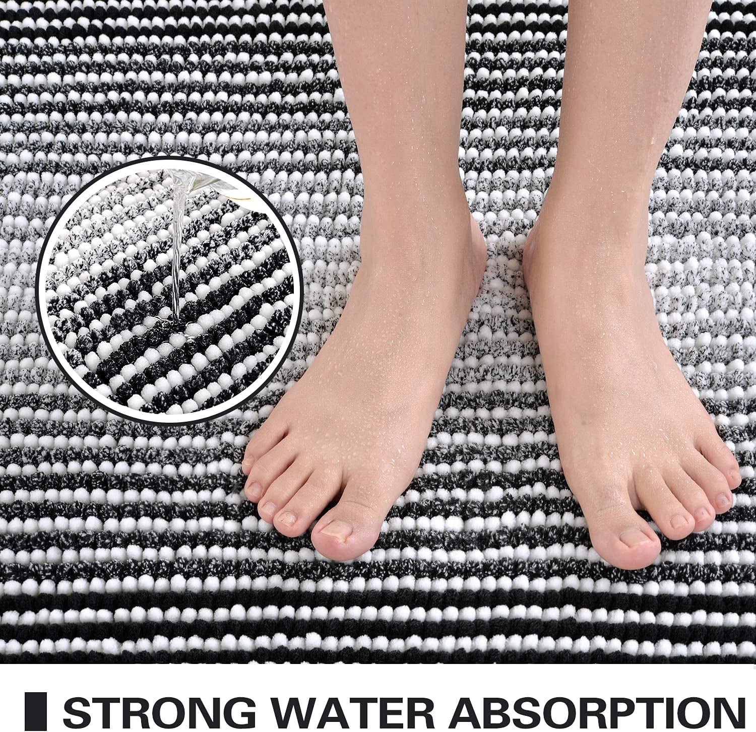 Bathroom Rugs and Mats Sets, 2 Piece Thick Absorbent Chenille Bath Mat Rug Set Non Slip, Soft Shaggy Bath Room Floor Mats for Bathroom, Machine Washable (20" X 47" plus 16" X 24", Black)