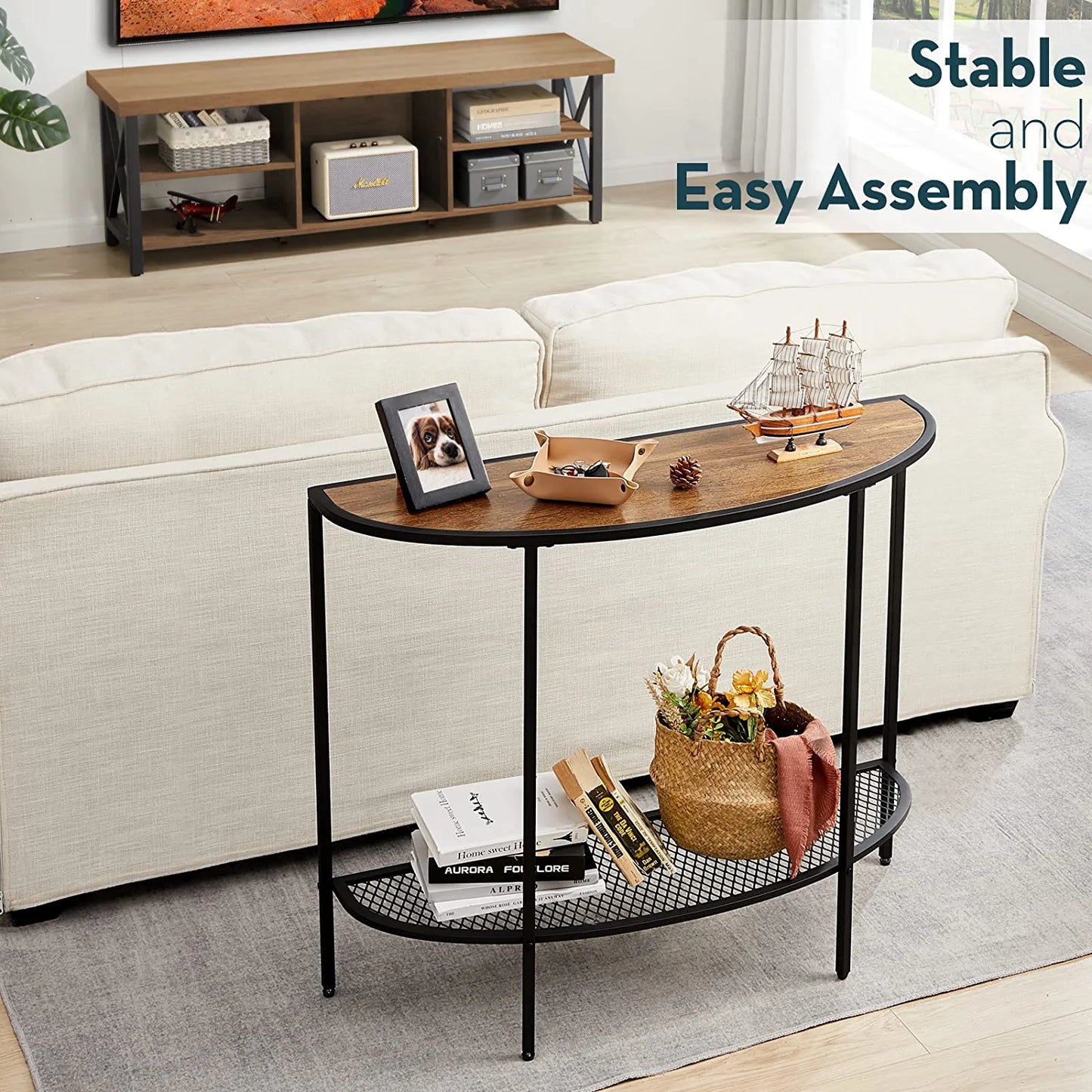 Console Table 2 Tier Narrow Entryway Table with Storage Shelves Half Moon Sofa Couch Table Industrial Small Entry Way Tables for Living Room Bedroom Hallway Office Easy Assembly, Walnut Black