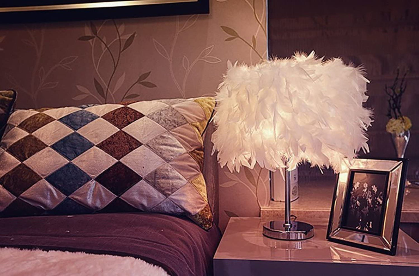 Feather Lamp,White beside Table Lamp for Bedroom,Children,Wedding,Birthday,Vintage Deco Desk Light Free Light Buld Include(A)