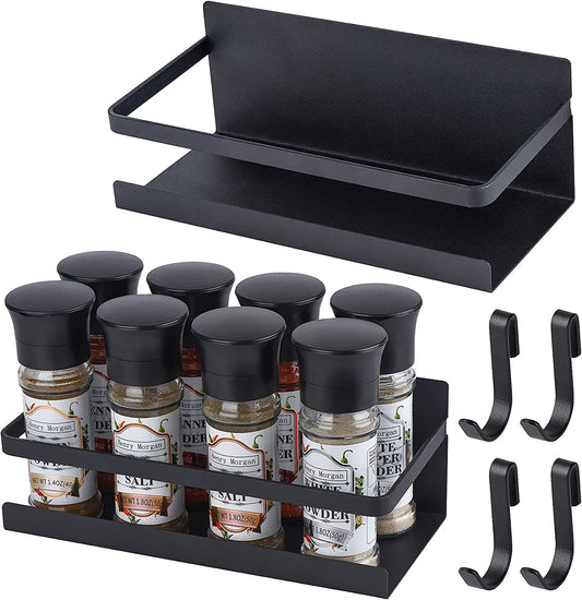 Fridge Magnet Organizer Magnetic Spice Rack with Four Removable Hook Refrigerator Shelf Rack Black (2 Pack)
