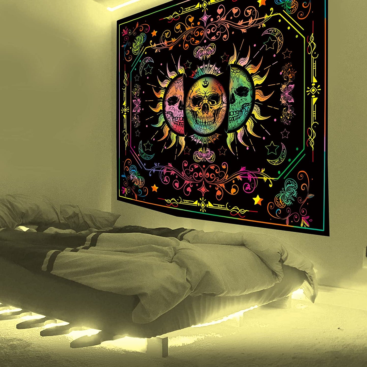 Tapestry Blacklight Tapestry Sun and Moon Tapestry UV Reactive Skull Tapestries Tirppy Wall Hanging Psychedelic Black Light Skeleton Tapestry for Bedroom Aesthetics Party Decor Poster 60X51 Inch