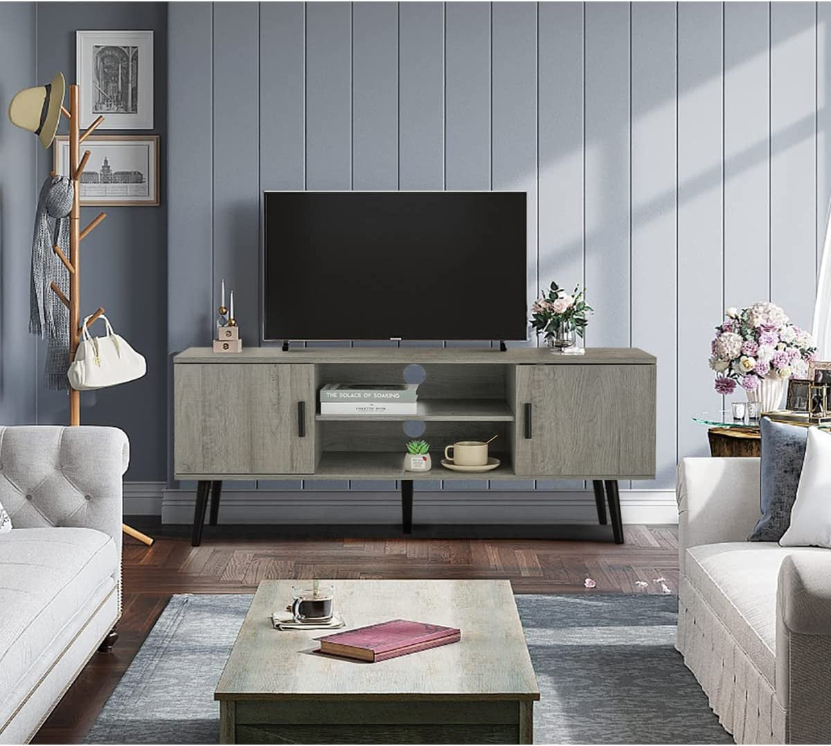 TV Stand for 55 Inch TV, Entertainment Center with Storage and Open Shelves, Mid Century TV Stand Table, Media Console for Living Room, Bedroom, Grey
