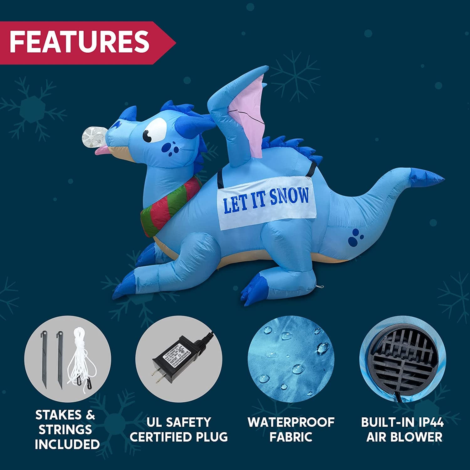 6 FT Long Christmas Inflatable Dragon, Blow up Lighted Inflatables Blue Dragon with Snowflake for Christmas Party Indoor, Outdoor, Yard, Garden, Lawn Winter Decorations