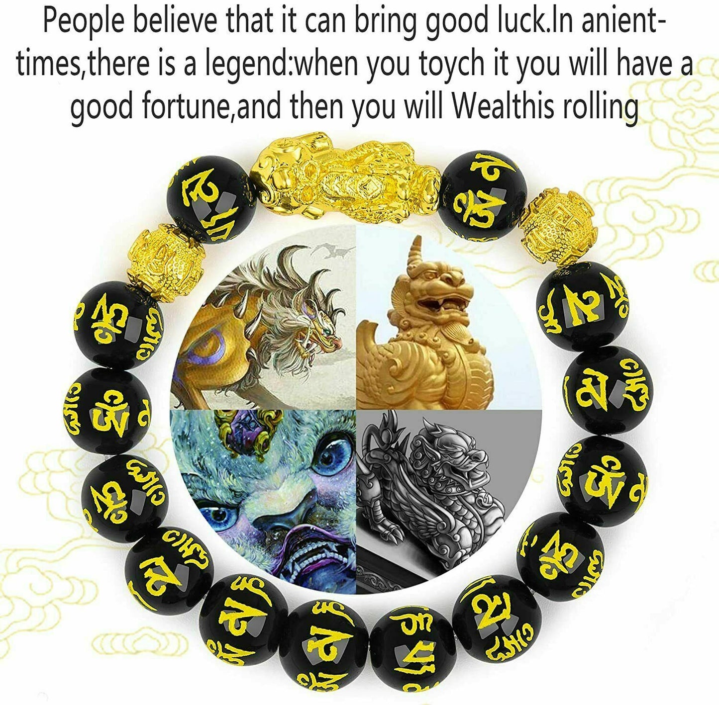 Feng Shui Black Obsidian Beads Bracelet Attract Wealth & Good Luck Bangle Pixiu