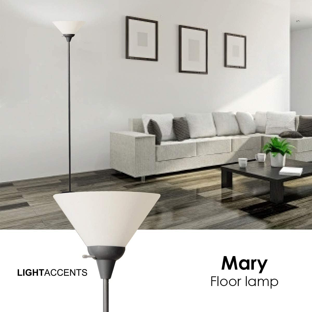 LIGHTACCENTS Black Metal Floor Lamp with Opal White Cone Shade. Model 6113-21 Standing Pole Torch Floor Lamp Torchiere Super Bright Floor Lamp ( Black Finish )