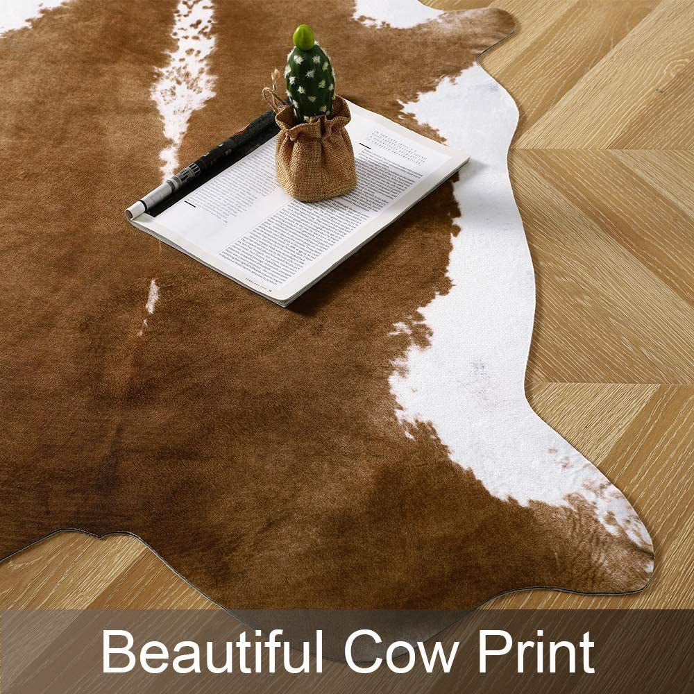 Premium Faux Cowhide Rug 4.6 X 5.2 Feet, Durable and Large Size Cow Print Rugs, Suitable for Bedroom Living Room Western Decor, Faux Fur Animal Cow Hide Carpet, Brown