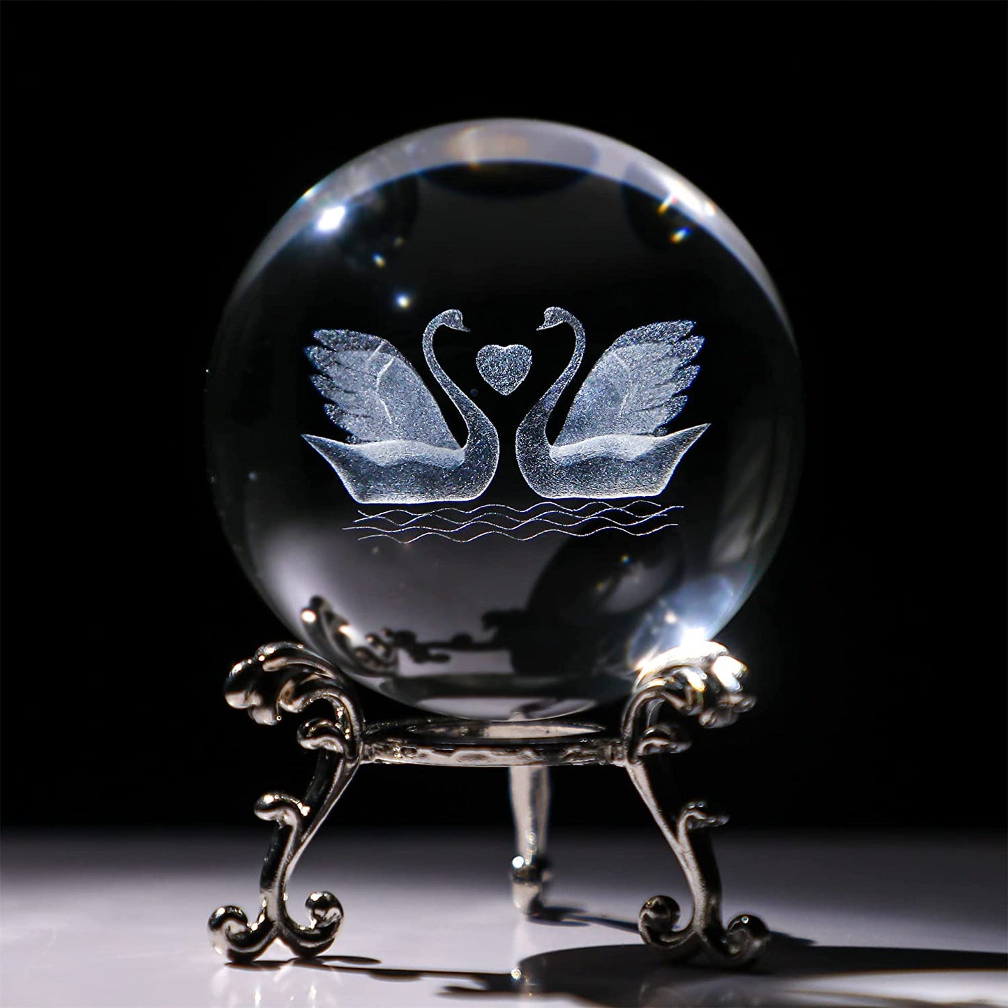 3D Engraving Crystal Double Swan Figurine with Love Heart Sphere 60Mm(2.3Inch) Crystal Ball Paperweight with Stand Base for Girls or Women