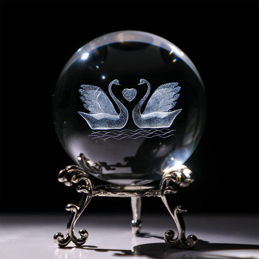 3D Engraving Crystal Double Swan Figurine with Love Heart Sphere 60Mm(2.3Inch) Crystal Ball Paperweight with Stand Base for Girls or Women