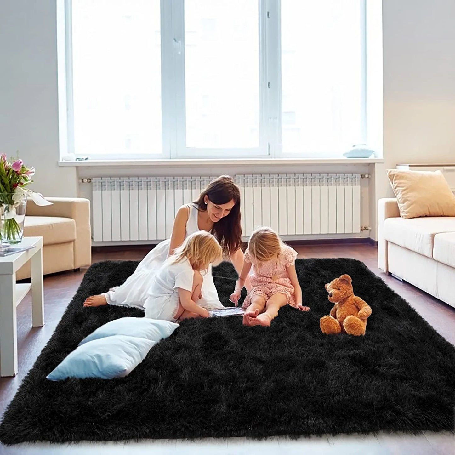 Modern Fluffy Area Rug 5X8 Feet Black Rug Plush Rugs for Living Room Bedroom Shag Rugs Dorm Decor for College Kid Rug Fuzzy Carpet for Boys Girls Home Decor Large Throw Rug Non-Slip