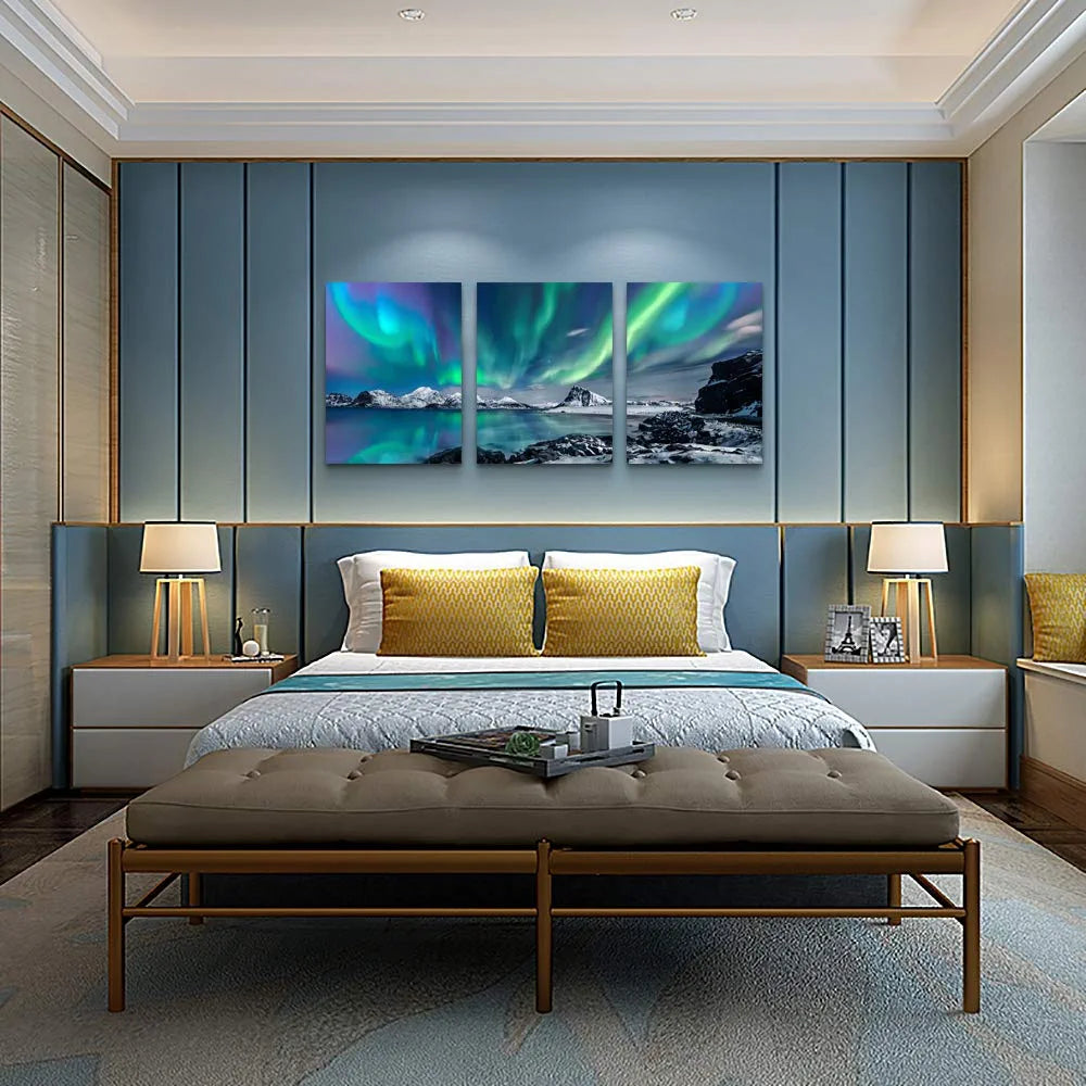 Farmhouse Wall Art Aurora Scenery Painting on Canvas Wall Decorations for Living Room Stretched and Framed Canvas Paintings 3 Piece Bedroom Bathroom Wall Decor Ready to Hang for Office Home Decor Art