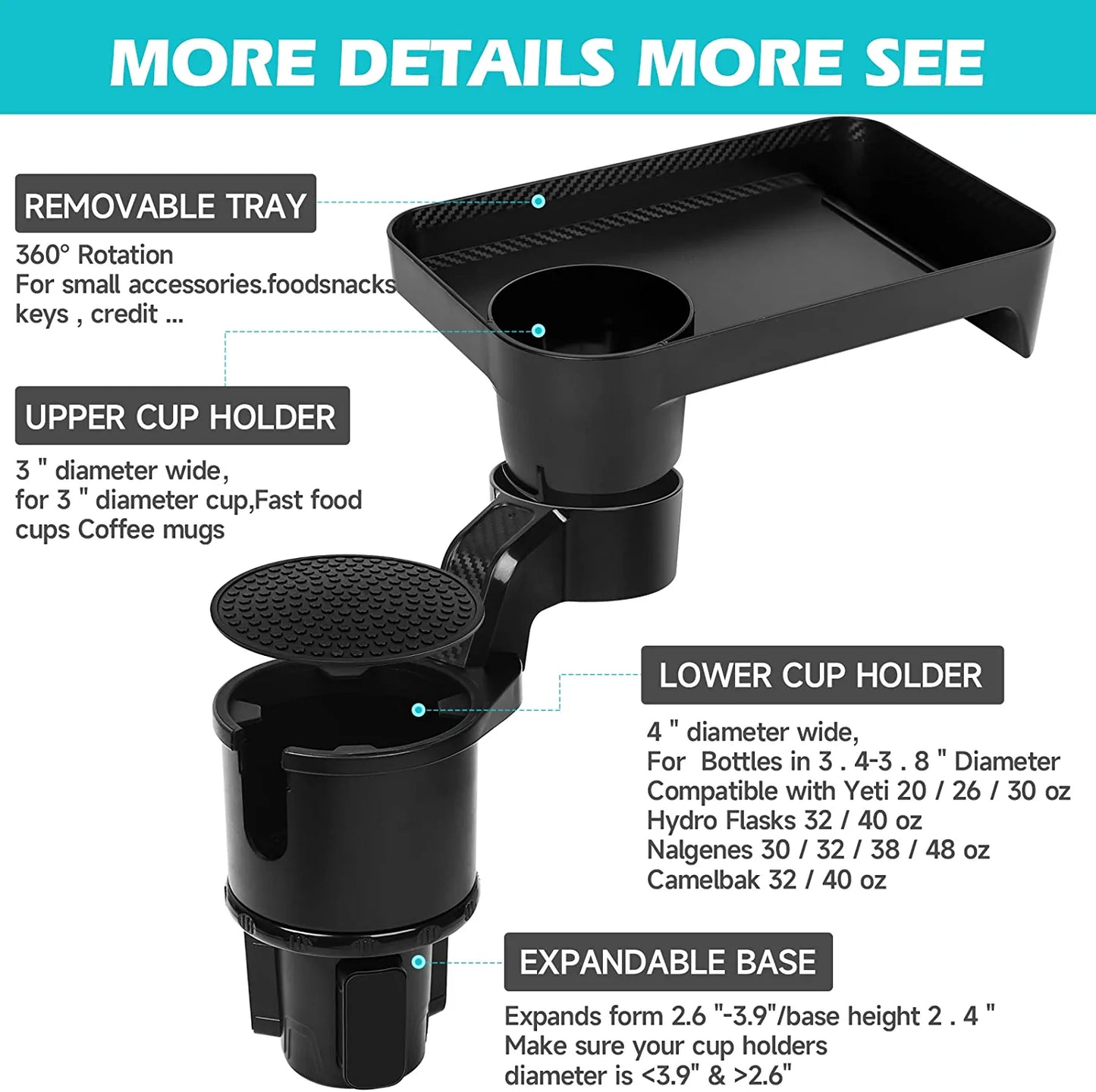 Car Cup Holder Expander Tray New Version  Multifunctional Automotive Cup Attachable Tray with 360°Rotation Detachable Tray Table Adjustable Base, Adapt 16-32Oz Cup/Bottles/Drink