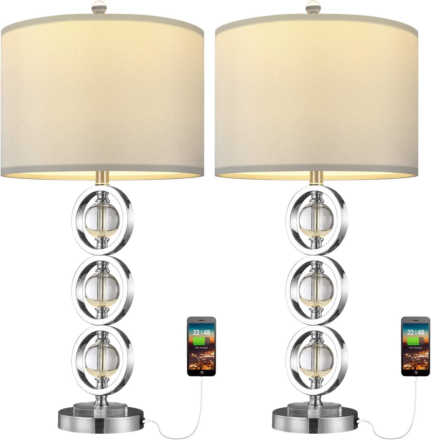 BOBOMOMO 26.5" Metal Crystal USB Table Lamps Set of 2 for Living Room Bedroom, Silver